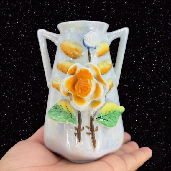 Japanese Ceramic Vase 3D Colorful Flowers Made In Japan Pottery Vase Two Handles - Picture 1 of 13